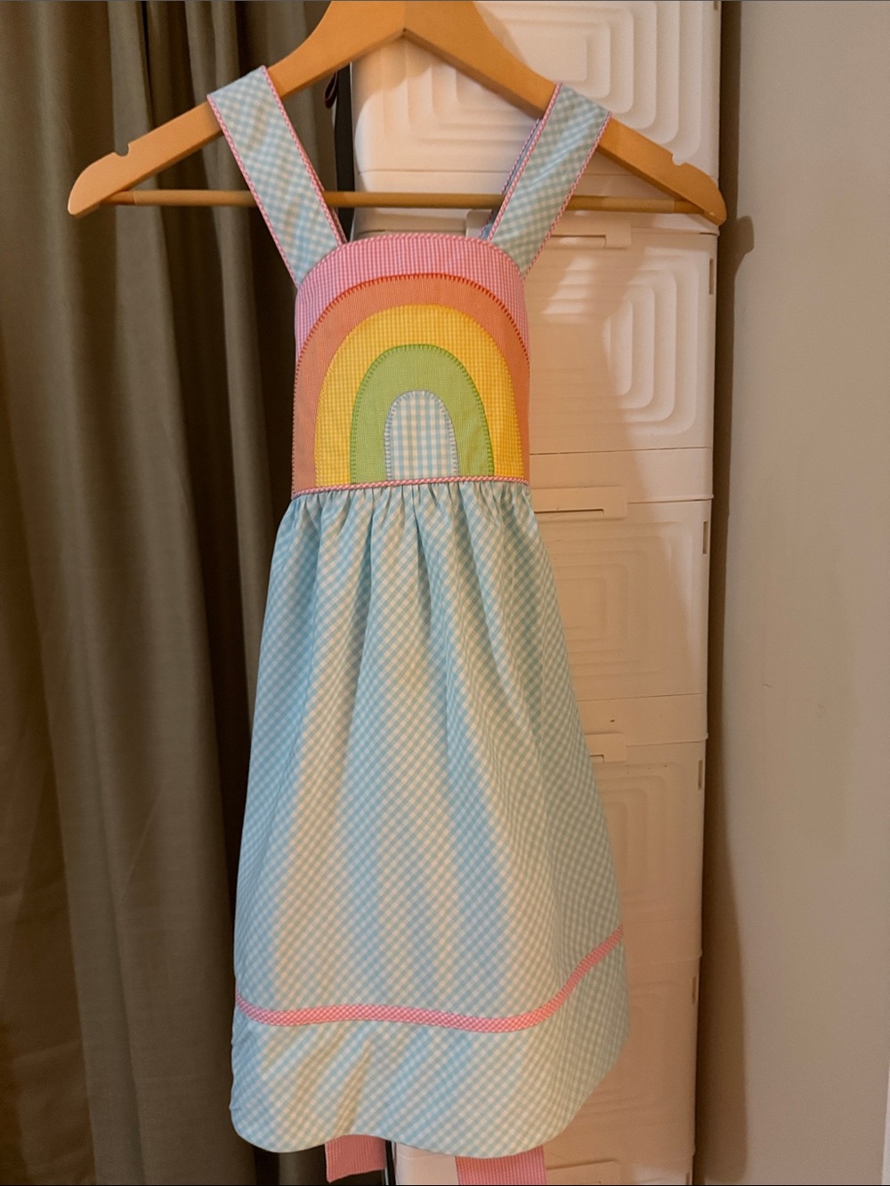 Girls Blue Gingham Rainbow Pinafore Dress